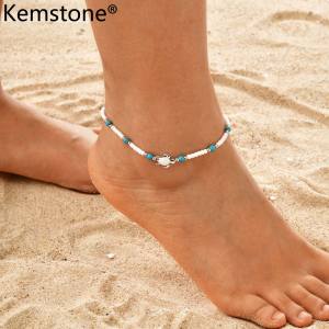Kemstone Turtle Anklet for Women Beach Jewelry Adjustable Turquoise Beads Ocean Style Stainless Steel