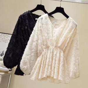 Ruffle Puff Sleeve Top Blouse Women V Neck Fleece Lace Mesh Top See Through Clothes Autumn Spring Tunic Hairy Shirt Fashion 2022