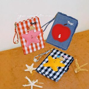CUWEE Card Holder Canvas Denim Passport Bag Pearl Star Travel Wallet Creative Check Passport Clip Women