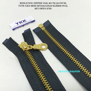 Resleting Zipper Ritsleting YKK 40 cm Atau 16 inch Hitam - Gold Emas Slider Oval Set Open - end Buka - Lepas Harga Per Biji