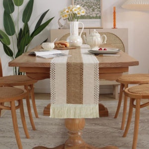 Cotton and Linen Table Runners Fringed Corners Knitted Striped Placemats Tabletop Decorations
