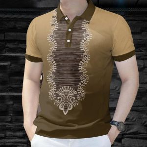 2025 Ethnic Style Barong Lapel Button Short -sleeved Shirt for Men Retro Traditional Tribe Pattern 3D Printed Outdoor Loose Casual Large Size Polo Shirt for Men