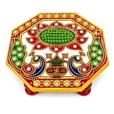 Marble Pooja Chowki 4x4 Inch | Printed Manai with Wooden Legs for Diya Idols & Decor – 1 Pc