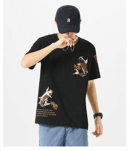 IELGY summer tide brand embroidered short-sleeved T-shirt male carp ethnic loose large size cotton half-sleeved shirt