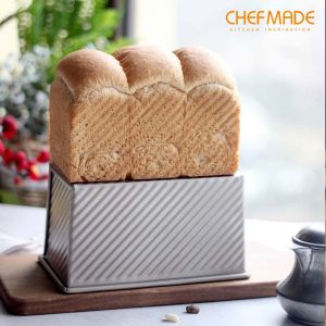 CHEFMADE Toast Mold Baking Tool Toast Box Sliding Cover Corrugated Toast Box Baking Mold 450g Loaf Pan with Lid Non-Stick Bakeware Bread Toast Mold with Cover Bread Pan for Baking Bread Pan Bread Tin for Homemade Cakes Breads WK9054