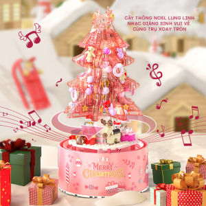 Hộp Phát Nhạc Ghép Hình Cây Thông Hồng  Có Hệ Thông Phun Tuyết