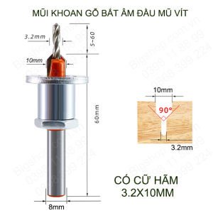 Mũi khoan gỗ với cữ hãm có điều chỉnh độ sâu bắt âm đầu mũ vít loại đầu âm 10mm nhiều kích cỡ