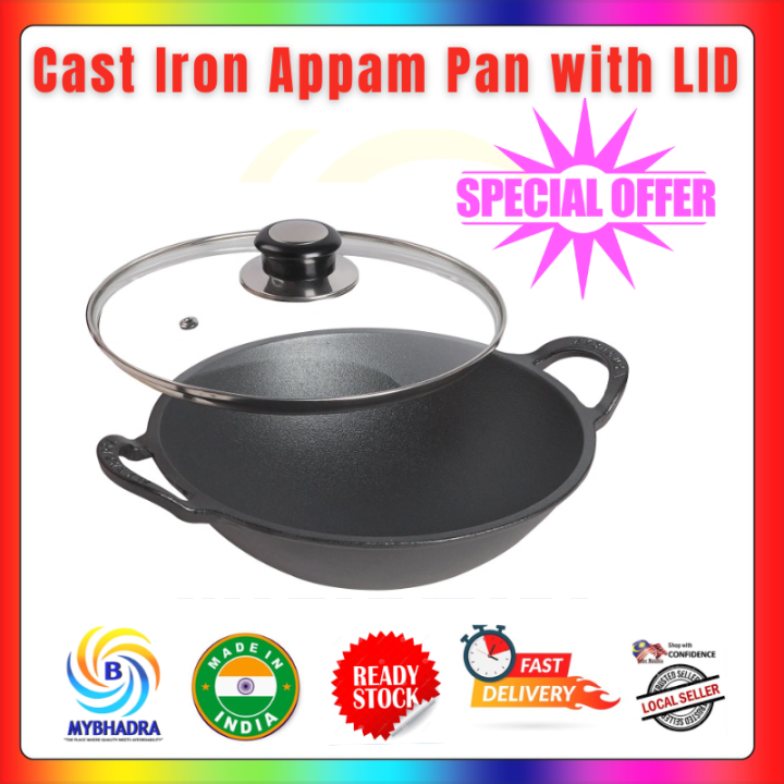 [PreSeasoned] Double Seasoned Thick Cast Iron Cookware Appam Pan 22cm