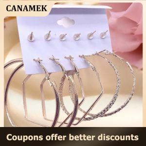 【 CANAMEK 】 6 Pair Fashionable Alloy Circle Earrings Womens Stud Earrings Attractive Multi-Element Jewelry Set Elegant Ear Jewelry
