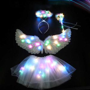 LUXA LED Light Up White Feather Wing Angel Halo Glow Party Costume Gift Girls Kids Adult Birthday Halloween Christmas