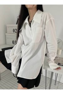 SFB2901 เสื้อเชิ้ตคอปกแขนยาวแฟชั่นเกาหลีผู้หญิงสีทึบเรียบง่าย เสื้อยาวซิปคู่ขึ้นและลงกระดุมหน้าแบบมีกระเป๋าลำลองวินเทจ