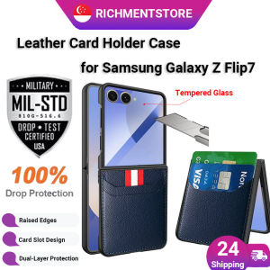 【✅SG Brand🔥】RICHMENT Z FLIP 7 Case PU Leather Case Ultra-Thin Leather Card Holder Case for Samsung Galaxy Z Flip 7 5G Shockproof Folding Phone Cover with Glass Back Hinge Protection & Z Flip 6 Case Wallet Slot Wallet Case Flip5 Case Z Flip 5 Phone Case