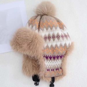 WAYNEG Geometric Pattern Winter Trapper Hat Thickened Material Ear Protection Fleece Lined Cap Thermal Coldproof Bonnet Flexible Dimension Faux Fur Earflap Outdoor Sports