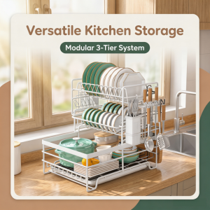Double-tier draining rack with cup and cutlery holders compact draining rack sink storage rack kitchen worktop draining rack