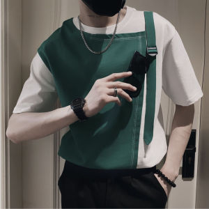 Áo thun áo thun nam phá cách độc lạ ghép nối mảng day đai tạo cá tính mạnh mẽ - T21