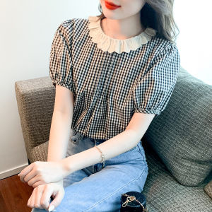 Korean Style Plaid Shirt for Women Casual Short Sleeve Blouse Tops