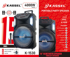 FREE USB KASSEL 15" Inches Bluetooth Trolley Speaker With Party Light FREE Wireless Microphone K-1530