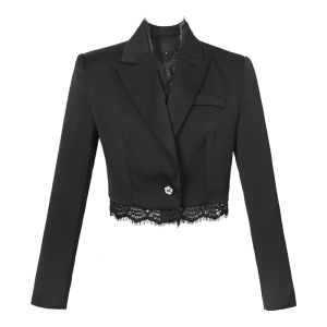 Spring Autumn Elegant Office Women Suit Chic Formal Black Lace Single Button Commute Coat Blazer Jacket Lady Femme Mujer Outwear