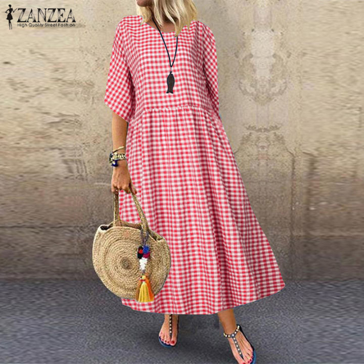 ZANZEA Summer Womens Casual Loose Dress Check Plaid O Neck Long Dresses  Plus Size Lazada PH