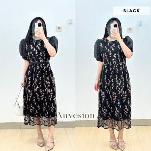 6270 Ferlene Brukat Midi Dress Wanita Kasual Elegan Pesta