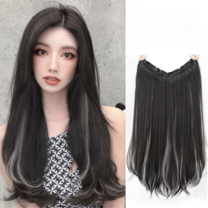 SKONHED U-shaped Long Wavy Hairpiece Synthetic Layered Gray Blue Gradient Hair Piece Fashion Invisible Clip in Hair Extensions Women