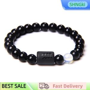 SHNGki 12 Constellation Zodiac Signs Beads Couple Bracelet Natural Black Onyx Stone Elastic Charm Bracelet for Women Men