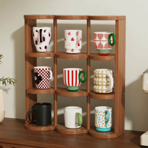 EDHO5 Space Saving 9 Grids Cup Holder Decorative Large Capacity Water Cup Display Rack  Storage Rack Bamboo Display Shelf for Living Room