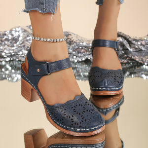 [Free Shipping] 2026 Summer New WomenS Chunky Heel Closed-Toe Sandals With Hollow Design Breathable And Single-Strap Buckle Closure High Heels Plus Size Fashionable