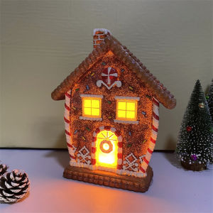 Gingerbread House Figurine Christmas Tabletop Centerpiece Creative Holiday Decoration Lighted for Indoor Desktop Fireplace