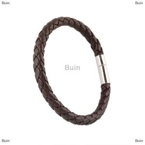 [COD] Buin Women Men Black Leather Charm Wristband Stainless Steel Magnetic Clasp Bracelet