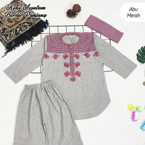 Mawar Fashion - Setelan Koko Anak Assalam Lengan Panjang Aplikasi Songket Salur Plus Embroiery
