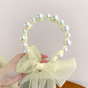 MD-C935 Bandana Mutiara Pita Tulle Panjang Bisa diikat Wanita Korea / Bando Mutiara Tali Kepang Ribbon Pearl / Bando Anak Perempuan / Bando Tali Kepang Import