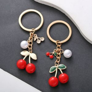 Red Cherry Keychain Faux Pearl Leaf Keychain Handbag Pendant Gift Metal Keychain