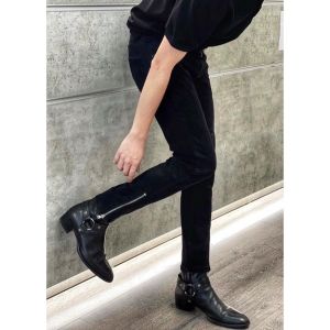 Quần Bò Nam Đen Trơn Rách Gối AMILY chất vải Demin co giãn form slimfit Phối Khoá Zip Ống chân
