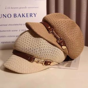 ZYJC Breathable Octagonal Beret Hat Leather Buckle Hollow Beach Straw Hat Classic Spring Summer Painter Hat Sunshade Cap