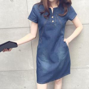 Casual Dress O-neck Short Sleeve Denim Dress Stylish Stitching Pullover Summer Dress Chic Middle Waist Oversized Casual Dress