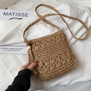 Yogodlns Straw Woven Square Women Crossbody Shoulder Bag Fashion Tassle Design Small Handbag