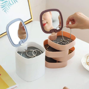 360 Rotating Jewelry Box 4 Layers Rotating Storage Box Organizer with Mirror/Kotak Barang Kemas