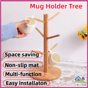 6 hooks Bamboo Mug Holder Coffee Tea CupStand Storage Wood Shelf Kitchen Storage Rack