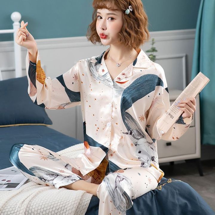 Plus Size 5XL Women Pajamas Ice Silk Satin Pyjamas Set Print Long Sleeved  Long Pants High Quality Comfortable Casual Ladies Pyjamas Summer Fashion
