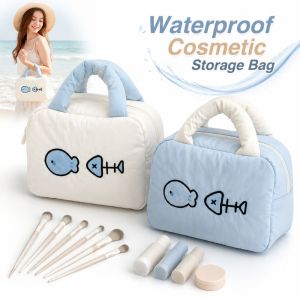 FLYING Waterproof Cosmetic Handbag Bag Cartoon Fishbone Embroidery Toiletries Storage Bag Portable Nylon Makeup Bag Women Travel
