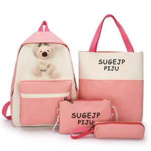 TS 4 in 1 Korean Backpack for Women Kids Student School Bag Large Cancas Bag Set with Teddy Bear