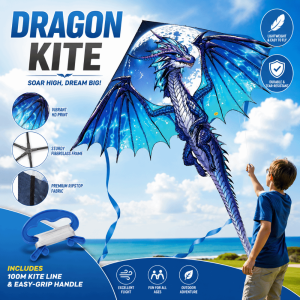 CANICECA Air Snake Blue Dragon Kite Easy to Fly Good Flying Flying Dinosaur Kite with 100 Meter Kite Line Outdoor Flying Toy Fun Sports