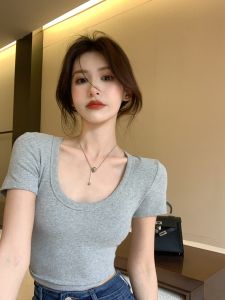 Yuki Shop💟เสื้อยืด🎉สาวฮอตแขนสั้นตรงไหล่สวมใส่ช่วงฤดูร้อนบางรัดรูปแขนสั้นด้านบนเฉพาะ