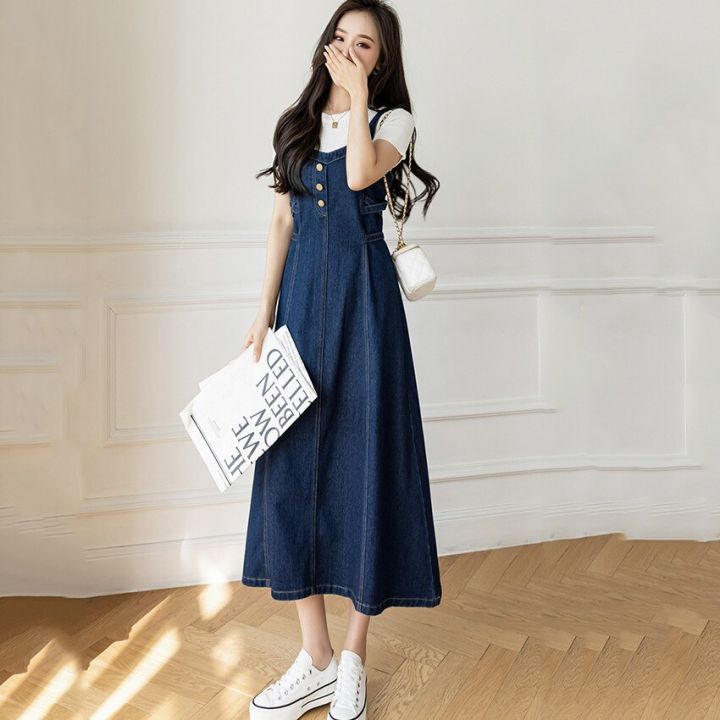 Korean Style Denim Dresses for Women Long Jeans Dress Streetwear Casual ...