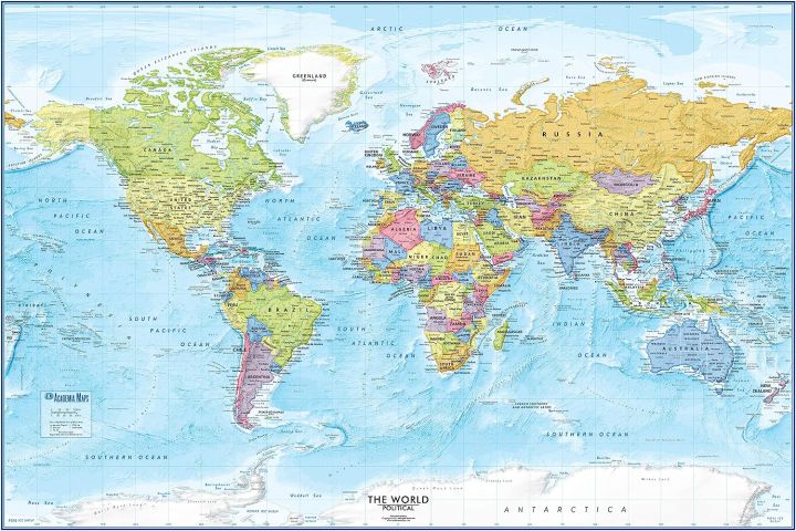 ED125 Large Blue Ocean World Wall Map X Detailed World Wall Map World ...