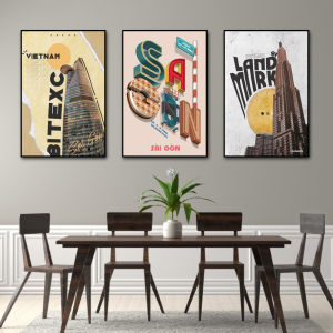 Tranh treo tường sài gòn bộ 3 tấm trang trí decor quán kèm đinh
