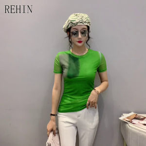 REHIN Womens top Halo mesh short sleeve T-shirt round neck slim fit elegant blouse S-3XL