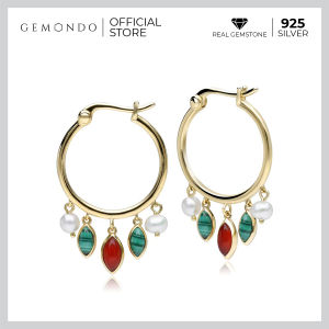 Gemondo ต่างหูเงินแท้ 925 ชุบทอง 18K สีแดงย้อมจากคอร์นีเลียน สีเขียวจากมาลาไคต์ และสีขาวจากไข่มุก : แฟนซี แฟชั่น