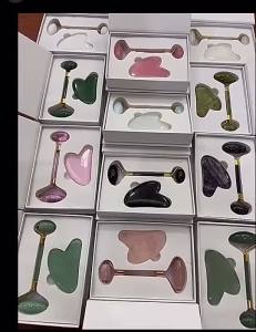 Đá Guasha Kết Hợp Cây Lăn Bằng Đá Tự Nhiên Serpentine Màu Xanh Mạ Giúp Nâng Cơ Thon Gọn Mặt - Thư Giãn - Nâng Cơ Mặt